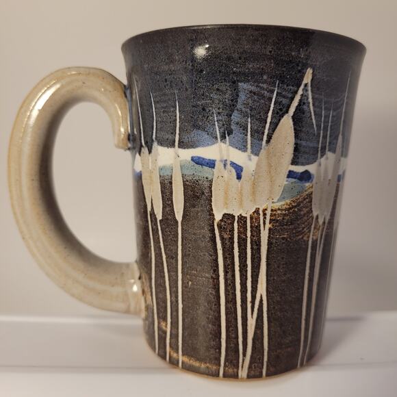 Krause Vintage Pottery 1990 Geometric Mug Clay Coffee Tea Blue/Brown - Picture 1 of 12